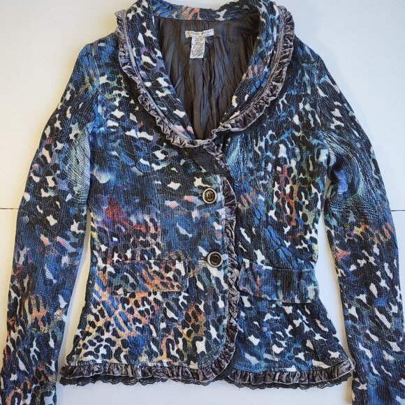 Alberto Makali Mixed Animal Print Multicolor Jacket  Velvet & Lace Trim  Medium - Picture 6 of 11